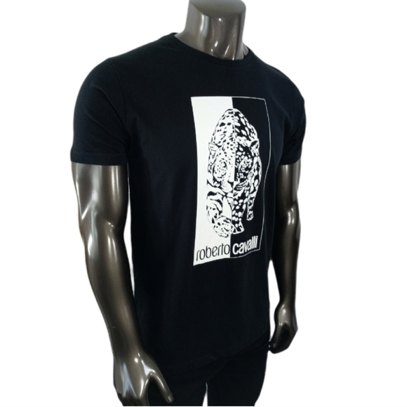 Roberto Cavalli Black T-Shirt Tee Leopard Cheetah Logo Shirt L - Picture 3 of 6